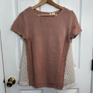 Anthropologie MOTH Knit & Eyelet Lace Short Sleeve Top Blush Pink Size Small